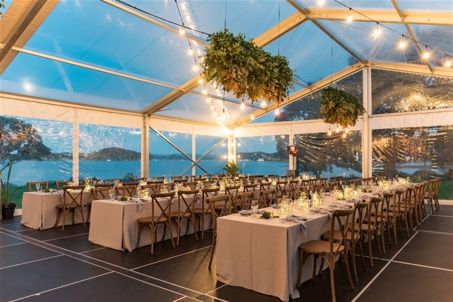 Waitangi Treaty Grounds wedding reception in a marquee